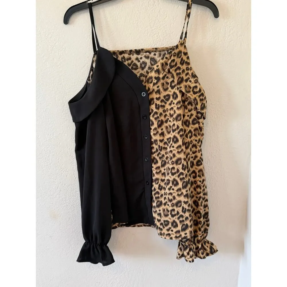 Women's Shein Black Animal Print Open Shoulders Sexy Top Shirt Blouse Sz XL - Picture 1 of 4
